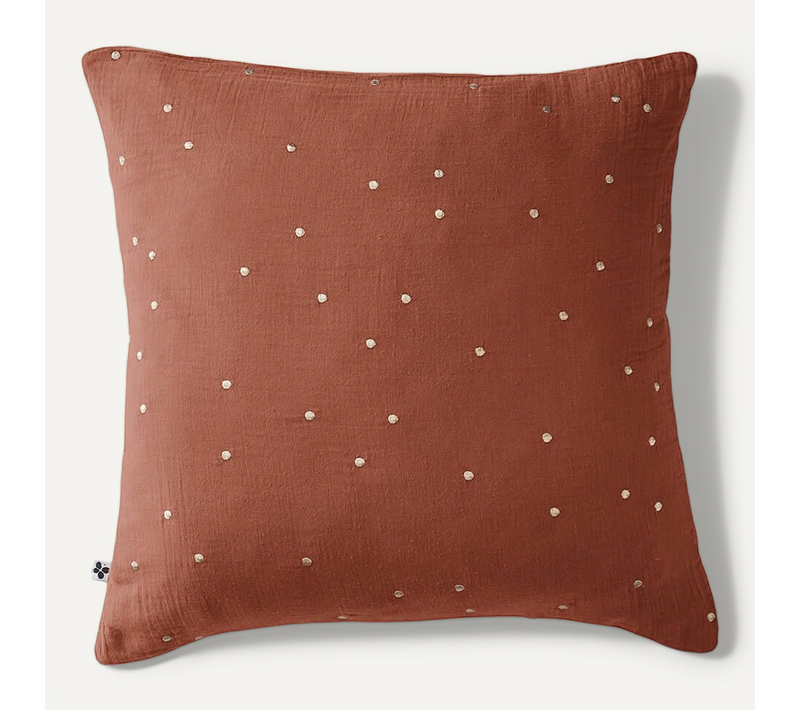Ourea Motif - Taie D'oreiller 60x60cm Gaze De Coton Terracotta à Pois Dorés