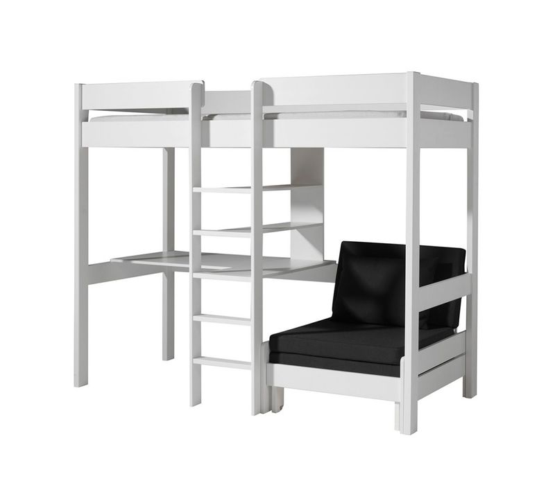 Lit Mezzanine Blanc 90x200cm Échelle Centrale Bureau Et Fauteuil - Sleepy