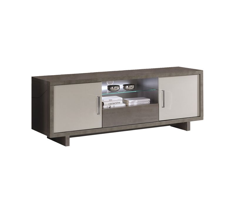 Meuble TV 2 Portes Gris Acier Metallisé Et Gris Mat Avec LEDs - Auxane