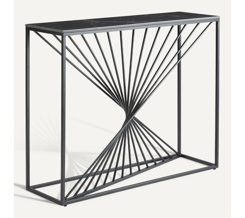 Console Plateau Céramique Marbré Noir Pieds Métal Noir - Domus