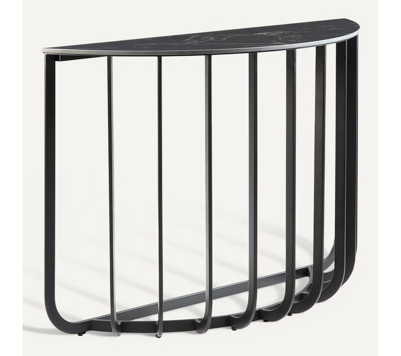 Console Demi-lune Plateau Céramique Marbré Cadre Métal Gris Anthracite - Klodie