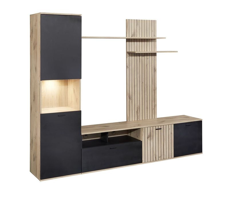 Meuble TV Mural Avec Banc TV Et Colonne LED Inclue Et Aspect Bois Noir - Niver