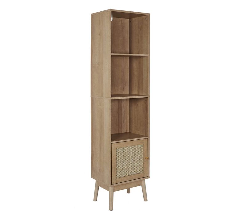 Rangement Colonne 3 Etagères 1 Porte Effet Bois Et Façades Rotin - Maya
