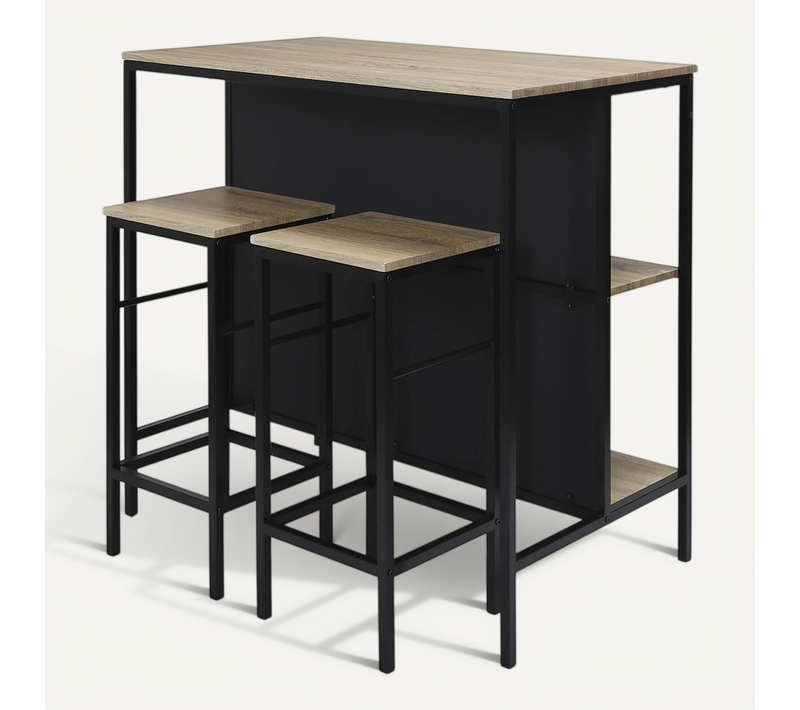 Maximo - Table Ilot Avec Tabourets En Mdf Et Pieds Métal Noir