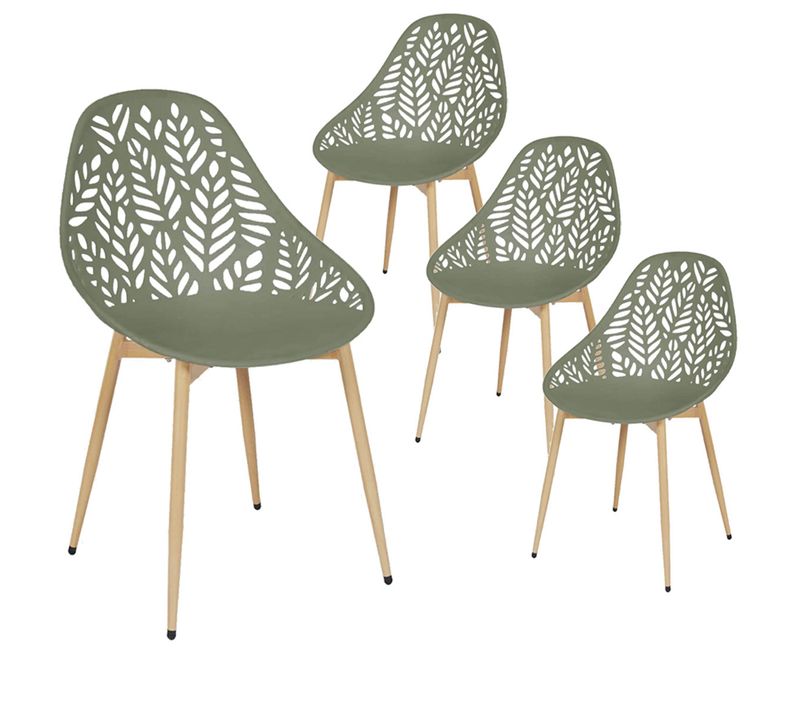 Lot De 4 Chaises De Jardin Coque Plastique Ajourée Vert Olive Pieds Métal - Saya