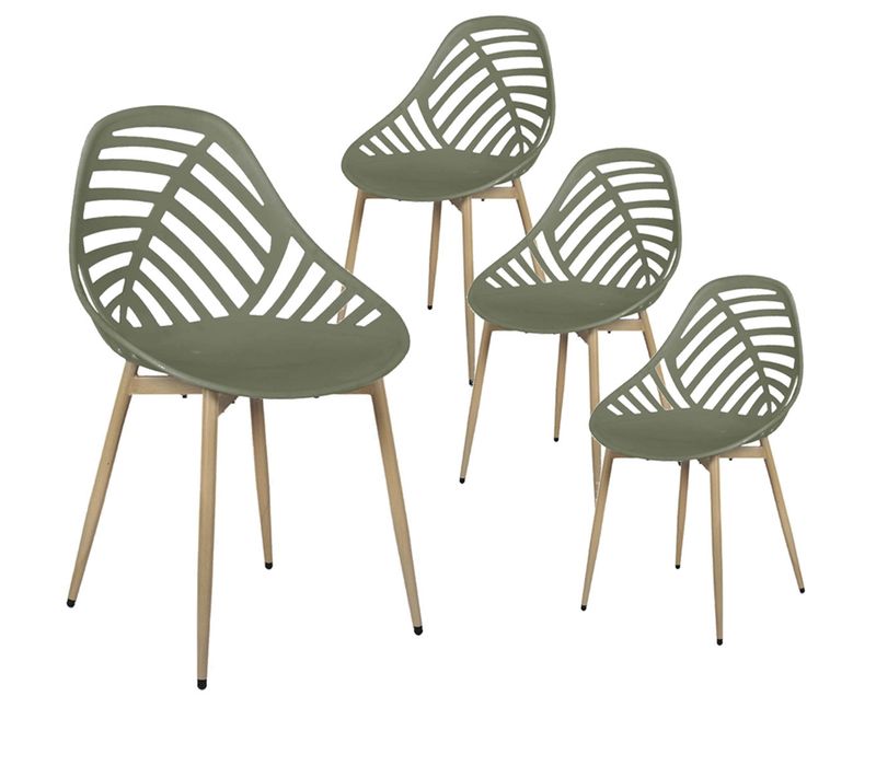 Lot De 4 Chaises De Jardin Coque Plastique Ajourée Vert Olive Pieds Métal - Saori