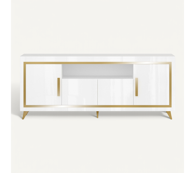 Buffet 4 Portes Laqué Blanc Et Décor Doré Avec LEDs - Jemma