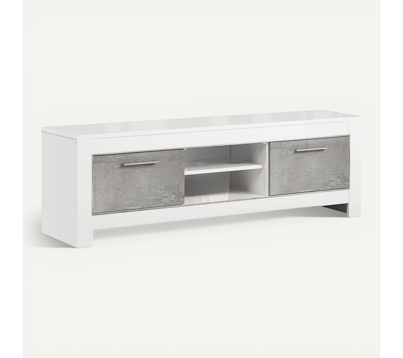 Meuble TV 2 Portes L160cm Laqué Blanc Brillant Et Gris Marbré - Denae