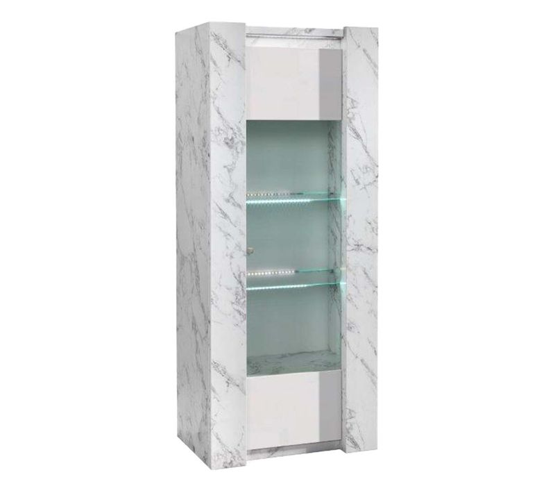 Vitrine 1 Porte Droite Laquée Blanc Et Effet Marbre Avec LEDs - Prava