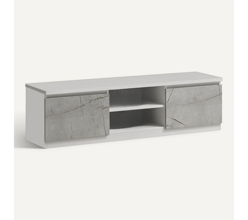 Meuble TV 2 Portes Laqué Blanc Et Gris Marbré - Deyton