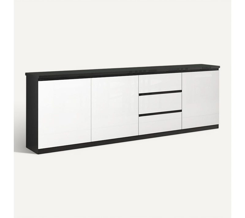 Deyton - Buffet 3 Portes 3 Tiroirs Laqué Noir Et Blanc Brillant