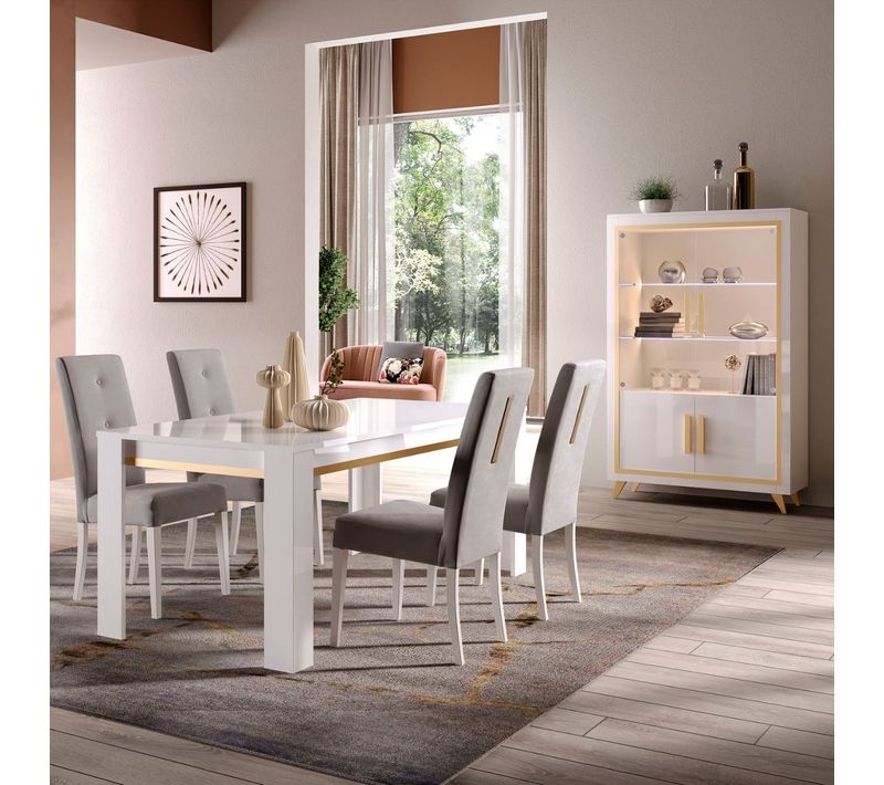 Jemma - Ensemble Séjour Blanc Décor Doré Table 190cm + Vitrine Avec LEDs