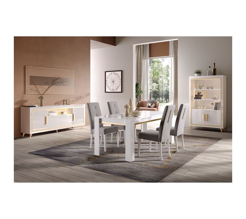 Ensemble Séjour Complet Blanc Décor Doré Table 190cm + Buffet Et Vitrine Avec LEDs - Jemma