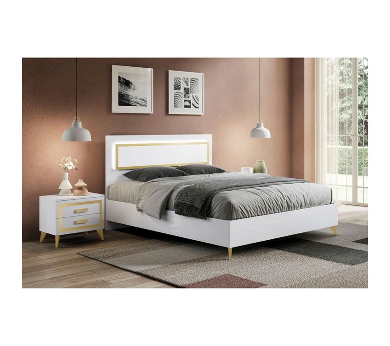 Ensemble Lit 160x200cm Tête Rembourrée Avec LEDs + 2 Chevets Laqués Blanc Et Or - Jemma