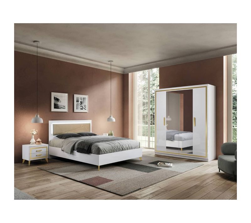 Chambre 160x200cm Blanche Et Or Lit Tête Rembourrée Avec LEDs + 2 Chevets + Armoire - Jemma