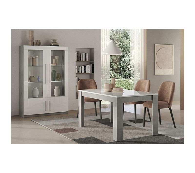 Ensemble Séjour Blanc Et Marbre Table 160cm + Vitrine 4 Portes Avec LEDs - Clark