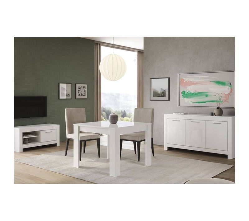 Ensemble Salon Séjour Laqué Blanc Brillant Meuble TV + Buffet 3 Portes + Table 100cm - Denae