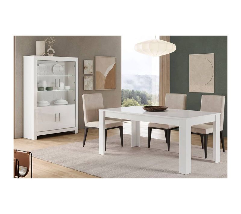 Ensemble Séjour Laqué Blanc Brillant Table 160cm + Vitrine 4 Portes Avec LEDs - Denae