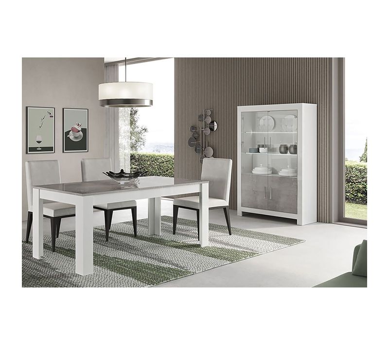 Ensemble Séjour Blanc Et Gris Marbré Table 190cm + Vitrine 4 Portes Avec LEDs - Denae