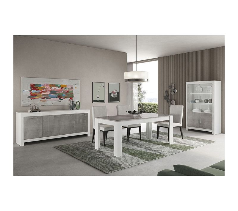 Ensemble Séjour Complet Blanc Et Gris Marbré Table 190cm + Buffet + Vitrine LEDs - Denae
