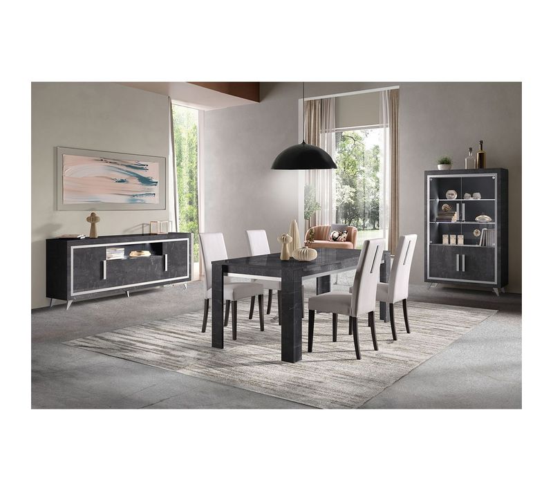 Gueda - Ensemble Séjour Complet Effet Marbre Anthracite Table 190cm + Buffet Et Vitrine Avec LEDs