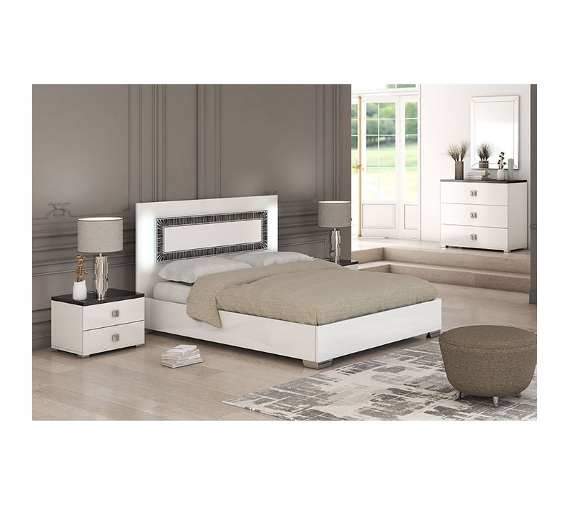 Chambre Lit 160x200 Cm + Chevets + Commode Laquée Blanc Avec Décor Noir - Gaïa