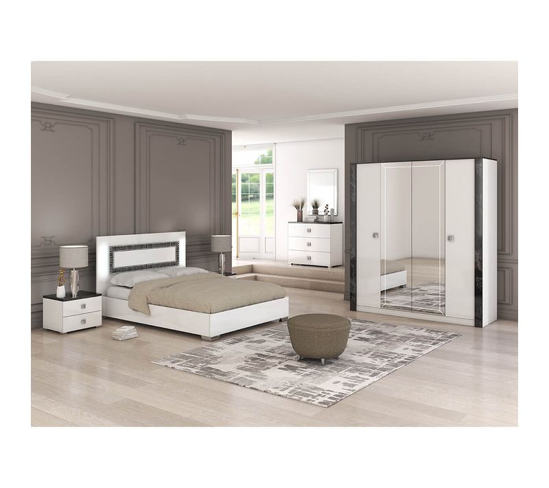 Chambre Lit 160x200 Cm + Chevets +  Commode + Armoire Laquée Blanc Avec Décor Noir - Gaïa