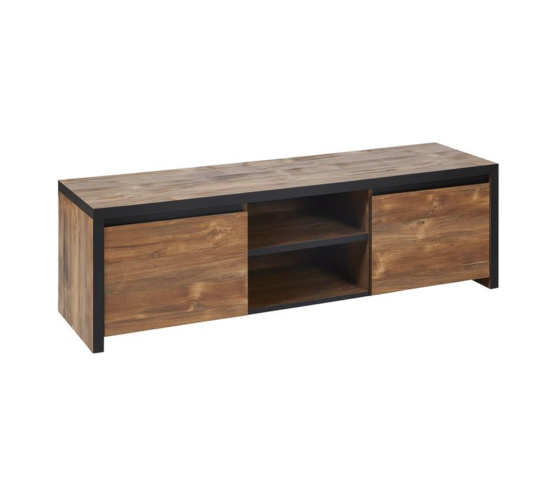 Meuble TV 2 Portes 2 Niches Effet Bois Manguier Foncé Et Noir - Stalone