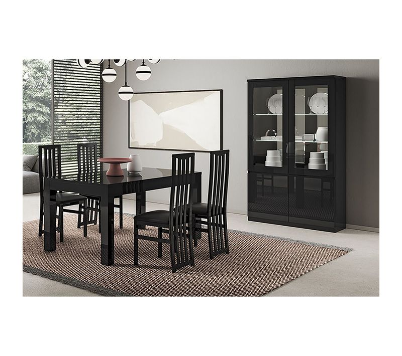 Ensemble Séjour Laqué Noir Table 160cm + Vitrine Avec LEDs - Deyton