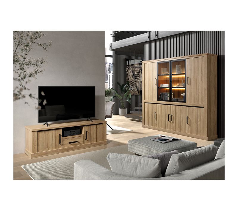 Ensemble Salon Meuble TV Et Bibliothèque Aspect Bois Chêne Clair - Lorenzo