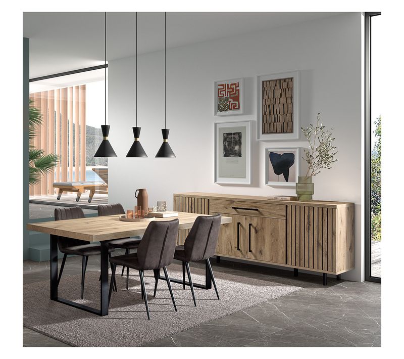 Ensemble Séjour Table 230cm Et Buffet 4 Portes Aspect Bois Effet Tasseaux - Romy