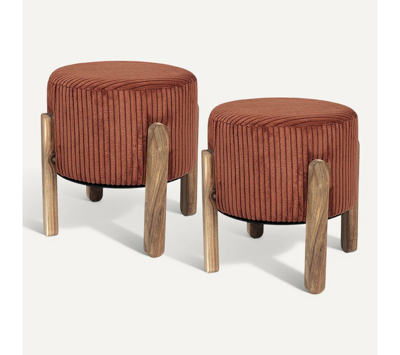 Amory - Lot De 2 Tabourets En Velours Côtelé Coloris Terracotta Pieds En Acacia