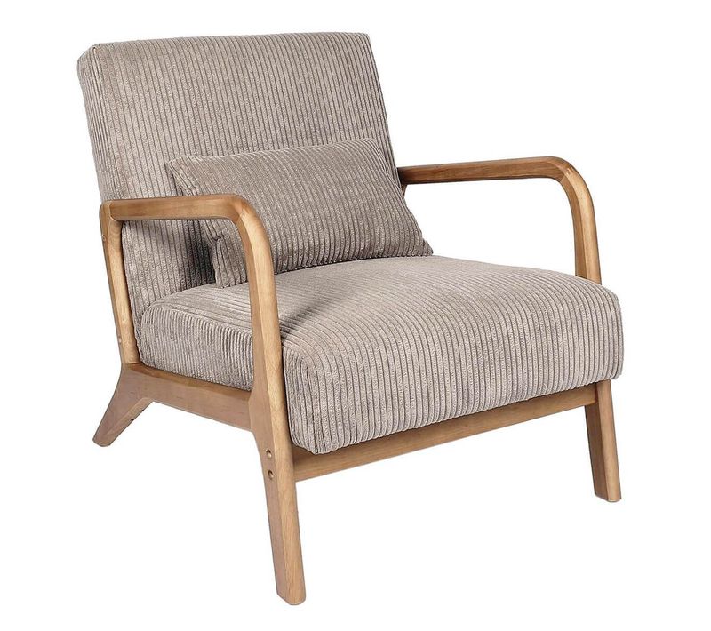 Fauteuil En Velours Côtelé Coloris Taupe Pieds Et Accoudoirs En Hévéa - Amory