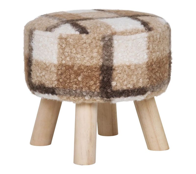 Tabouret Bas Tissu Bouclé Imprimé Ecossais Pieds En Pin Naturel - Stool