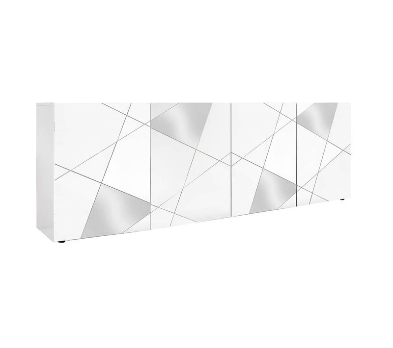 Buffet 4 Portes Finition Blanc Laqué Weiss Avec Sérigraphies Et Miroirs - Oriana