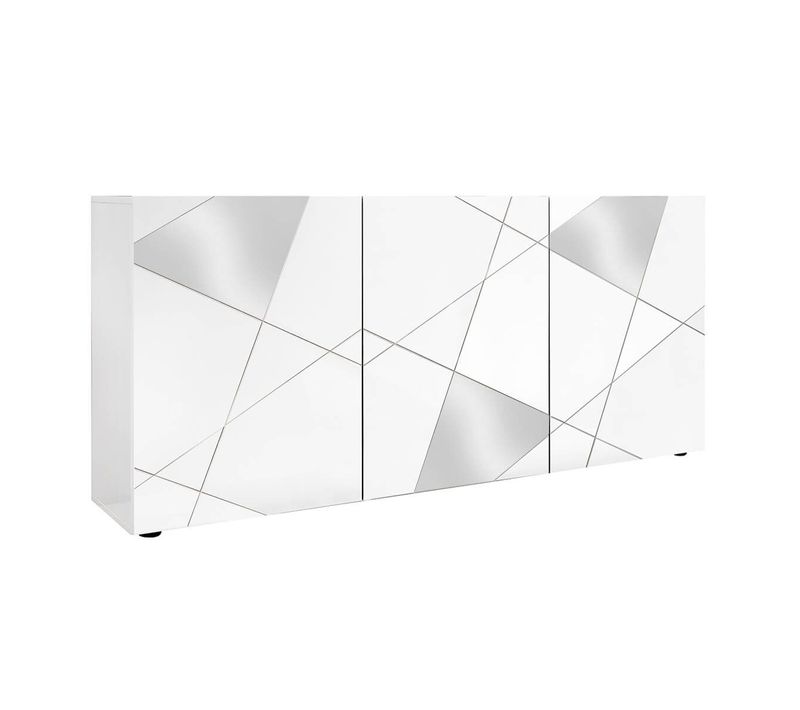 Buffet 3 Portes Finition Blanc Laqué Weiss Avec Sérigraphies Et Miroirs - Oriana