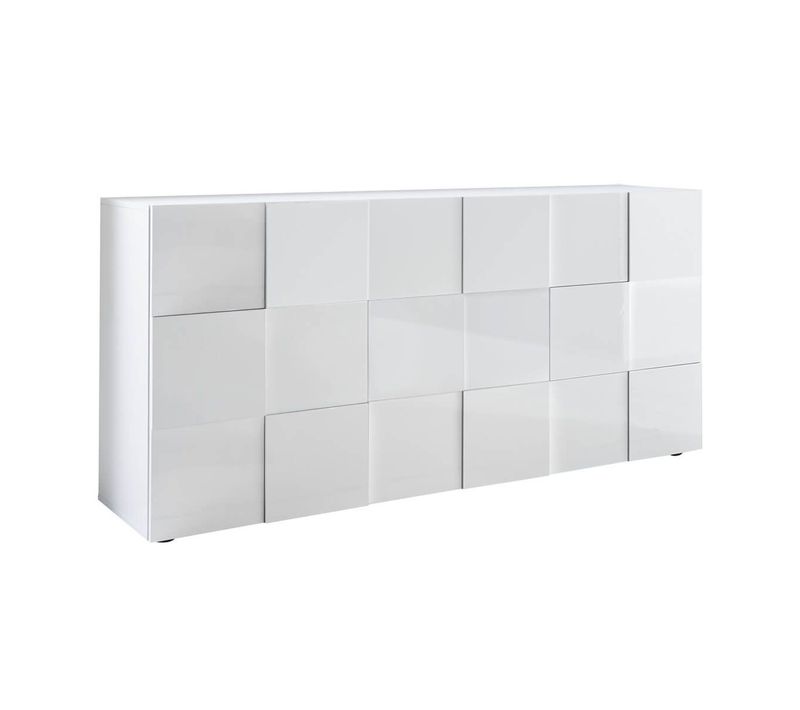 Buffet 3 Portes Finition Blanc Laqué Weiss Relief Damiers - Rebecca