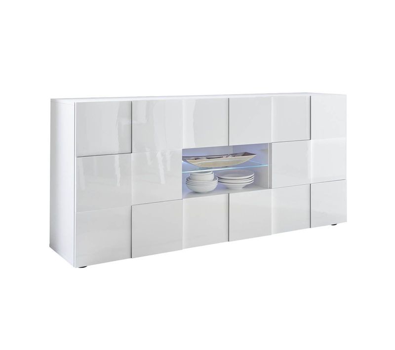 Buffet 2 Portes 2 Tiroirs Finition Blanc Laqué Weiss Relief Damiers Et LEDs - Rebecca