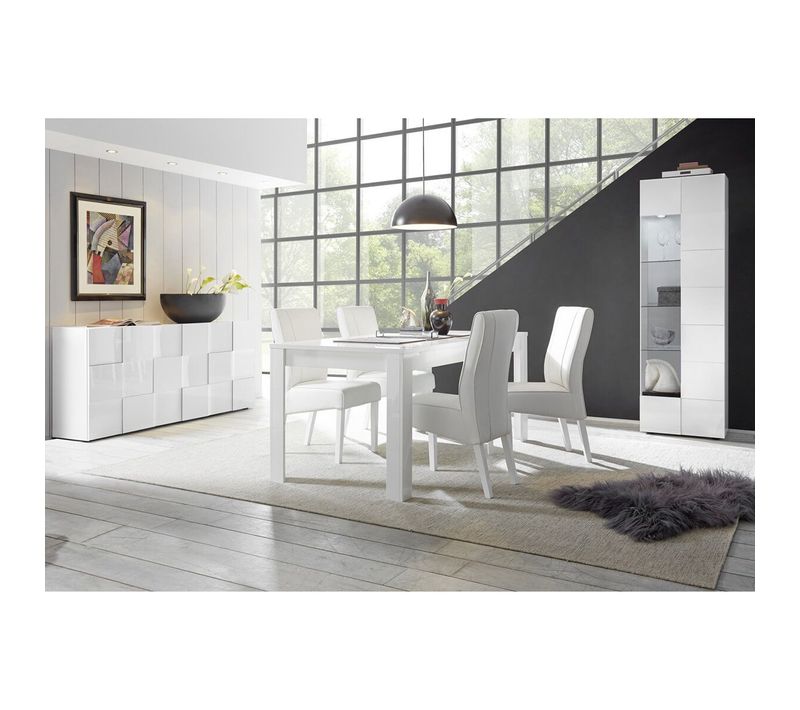 Ensemble Séjour Buffet 3p + Vitrine 1p Blanc Laqué Weiss Relief Damiers - Rebecca