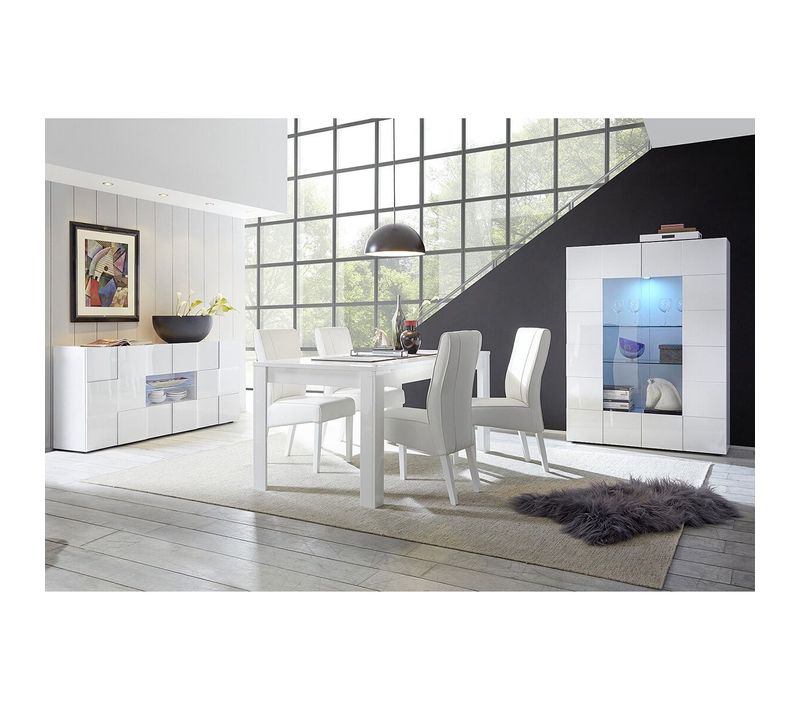 Ensemble Séjour Buffet 2 Portes 2 Tiroirs Blanc Laqué Weiss Relief Damiers - Rebecca