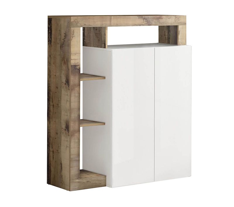 Meuble Bar 2 Portes Blanc Laqué Encadrement Niches Aspect Bois Antik - Arturo
