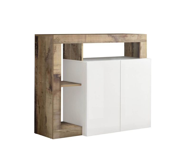 Buffet 2 Portes Blanc Laqué Encadrement Niches Aspect Bois Antik - Arturo