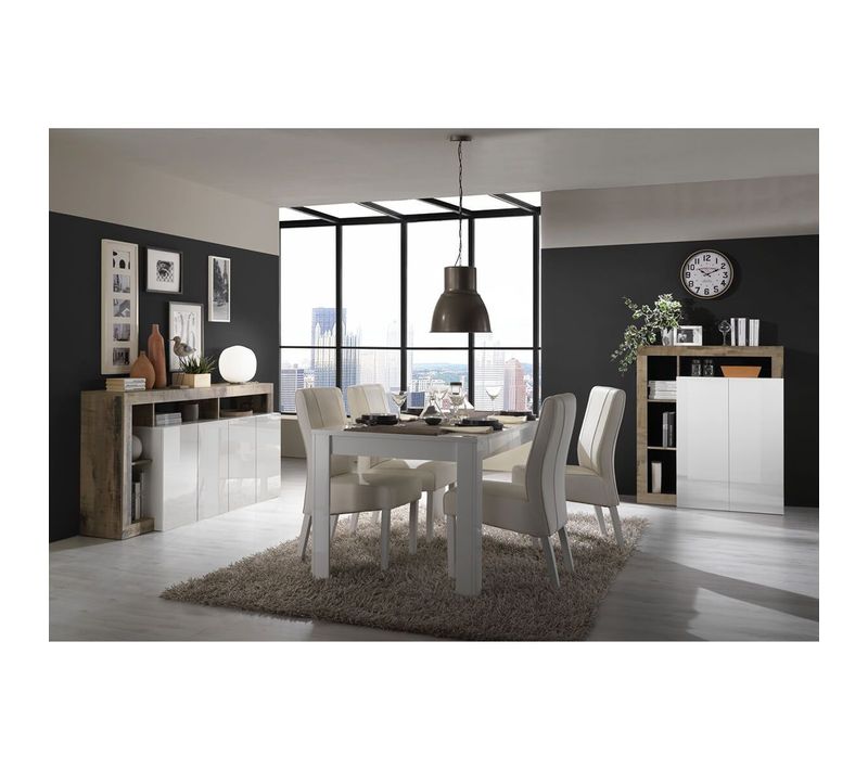 Séjour Complet Table + Buffet 4p Blanc Laqué Niches Aspect Bois Antik - Arturo