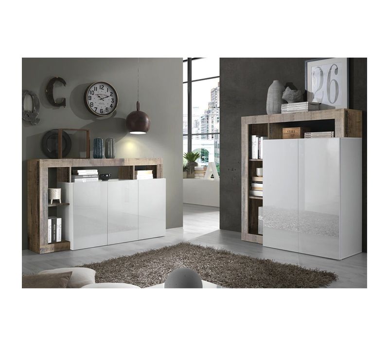 Ensemble Buffet 3p + Meuble Bar Blanc Laqué Niches Aspect Bois Antik - Arturo