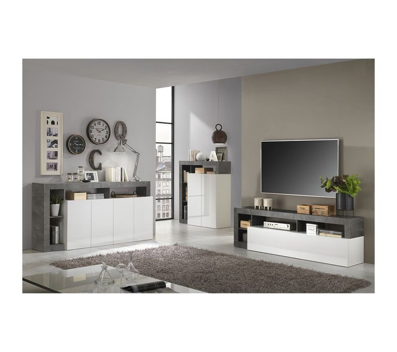 Ensemble Buffet 4p + Meubles TV Et Bar Blanc Laqué Niches Aspect Oxyde - Arturo