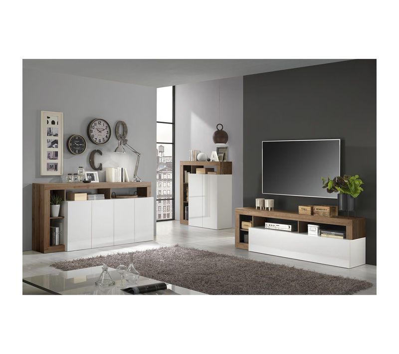 Ensemble Buffet 4p + Meubles TV Et Bar Blanc Laqué Niches Aspect Chêne Mercure - Arturo