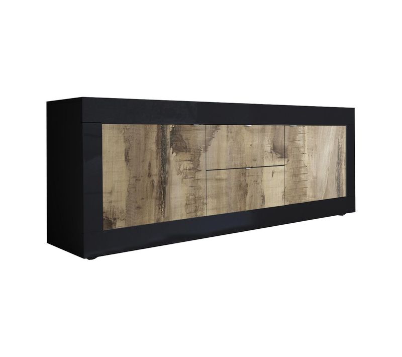 Meuble TV 2 Portes 2 Tiroirs Finition Noir Mat Et Aspect Bois Antik - Otello