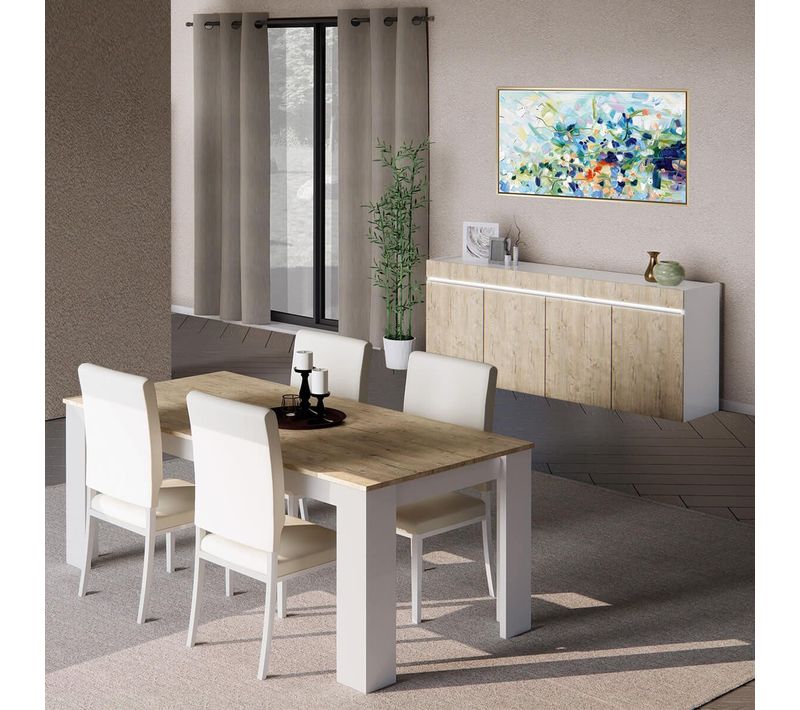 Séjour Table + Buffet Laqué Blanc Brillant Aspect Bois - Chris Oak