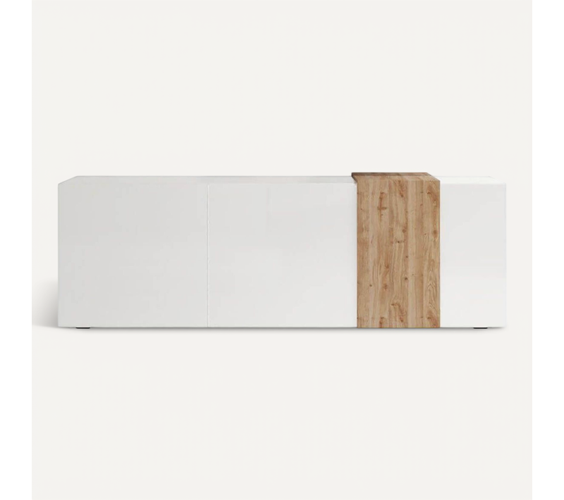 Meuble TV 3 Portes Laqué Blanc Et Aspect Bois Finition Cadiz - Vesuvio Blanc