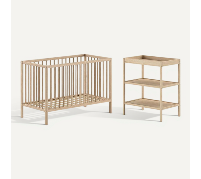 Ensemble Lit Bébé Evolutif + Table à Langer En Hêtre Massif Vernis Naturel - Eliott
